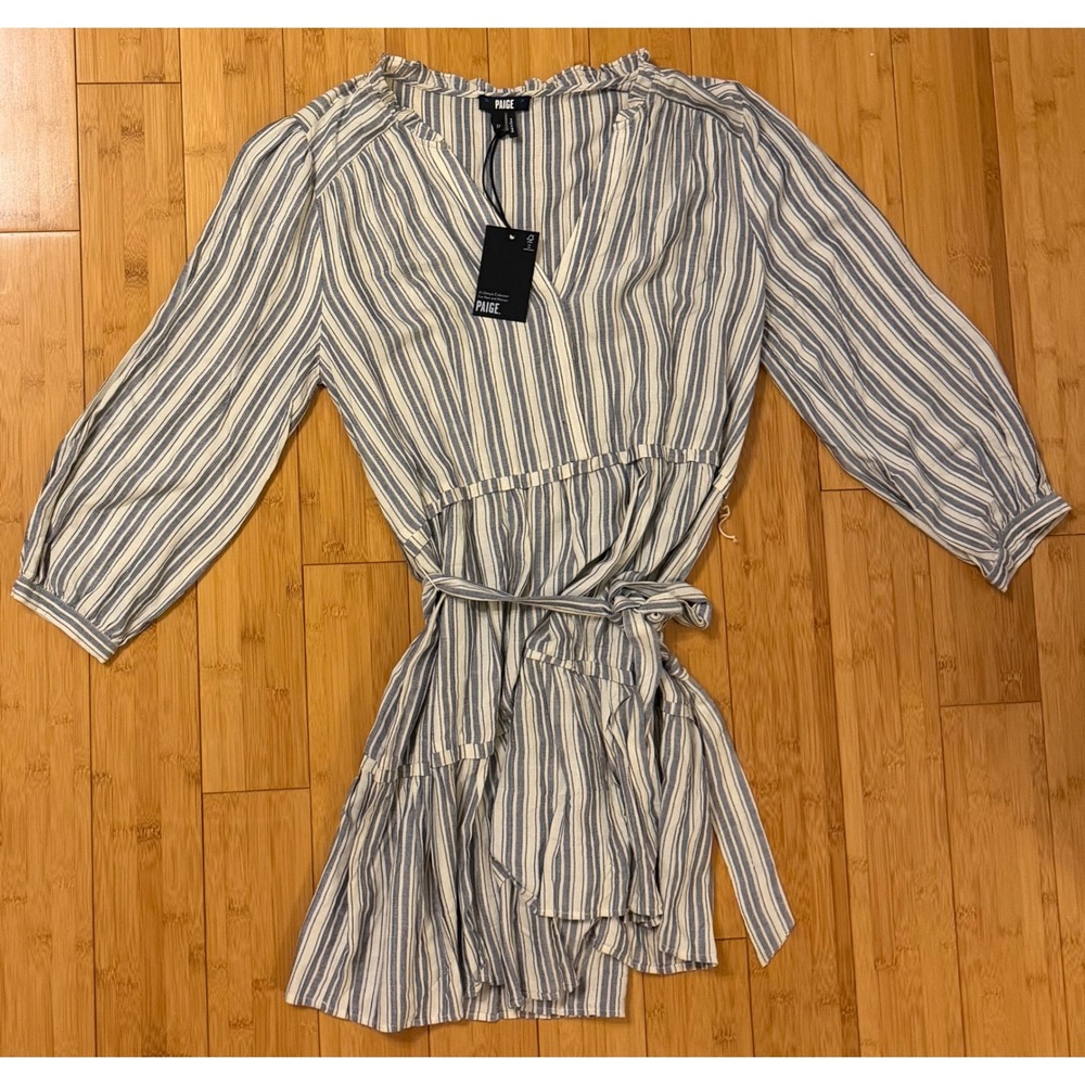 Paige Kylenn Dress Navy Cream Striped Ruffle V-Neck Mini Tie Waist NWT Medium
